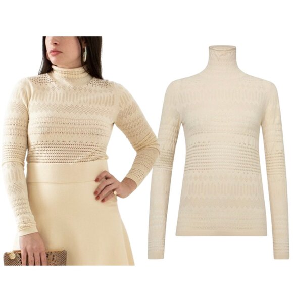 DOROTHEE SCHUMACHER Sleek Sophistication turtleneck sweater sz L pointelle knit - Picture 1 of 7